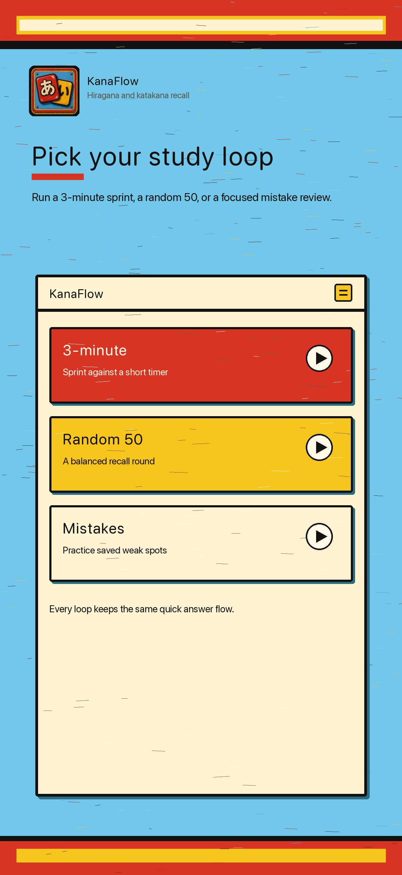 KanaFlow Practice preview showing three practice modes