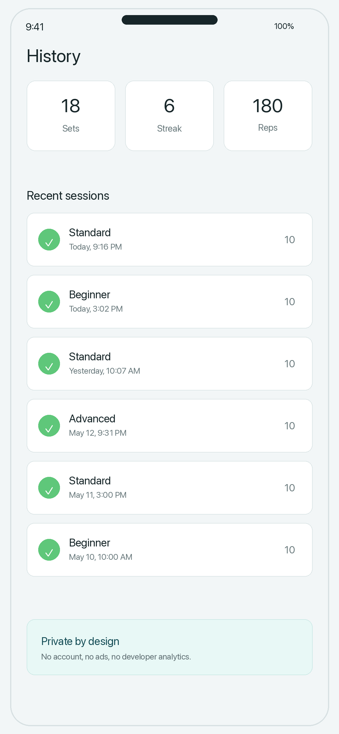 LiftCue private history screen with completed sets and streak summary