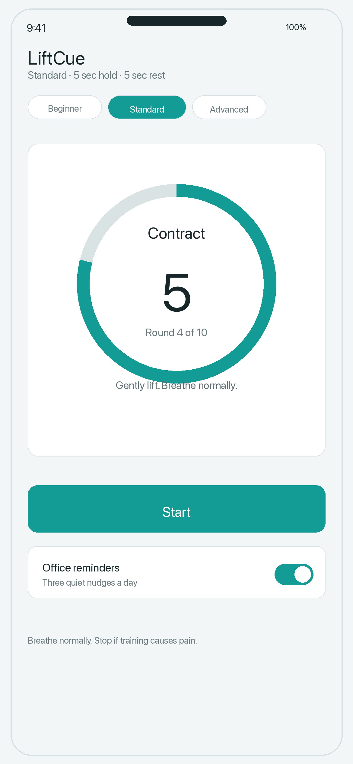 LiftCue training timer screen showing a round progress cue