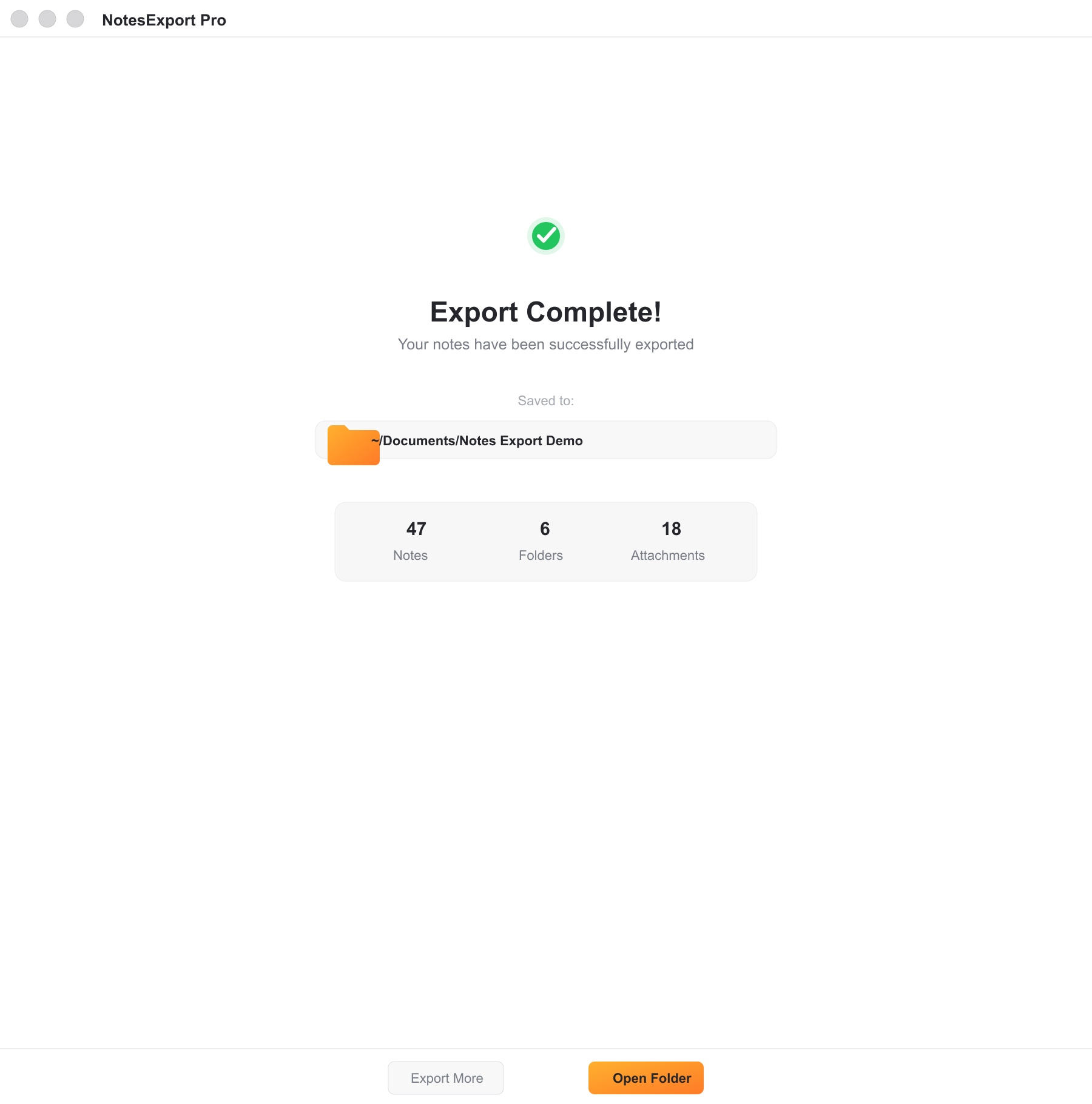 Export completion screen with demo export results